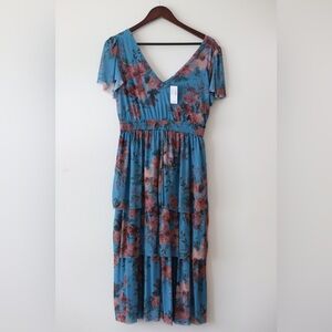 Maurice’s Teal Rose Summer Floral Layered Dress V Neck NWT Stretch Size Medium